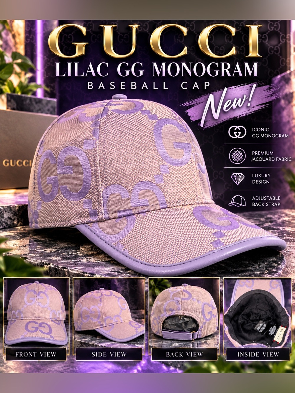Gucci Lilac GG Monogram Baseball Cap🔥New!